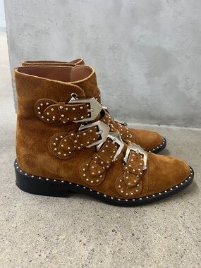 Givenchy Suede Ankle Boots in Cognac with Silver Buckles